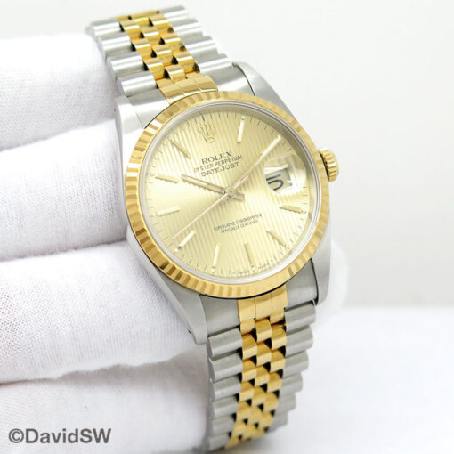 Rolex 16233 Datejust 18K/SS with Champagne Stripe Motif Dial on Jubilee
