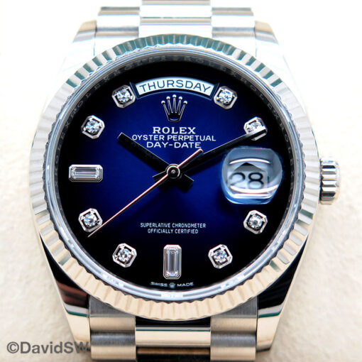 Rolex 128239 Day Date 36 18K White Gold with Blue Ombre Diamond Dial - Image 3