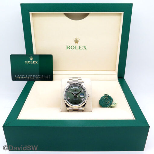 Rolex 228239 Day Date 18K White Gold with Olive Green Roman Dial - Image 2
