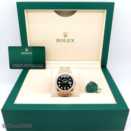 Rolex 128348RBR Day Date 18K Yellow Gold with Green Ombre Diamond Dial and Diamond Bezel - Image 2