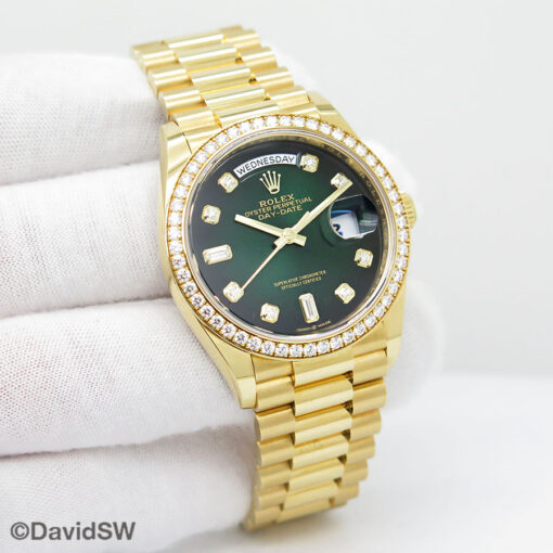 Rolex 128348RBR Day Date 18K Yellow Gold with Green Ombre Diamond Dial and Diamond Bezel