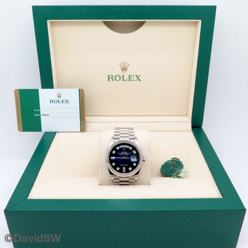 Rolex 128239 Day Date 36 18K White Gold with Blue Ombre Diamond Dial - Image 2