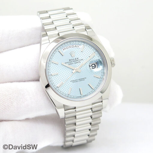 Rolex 228206 Day Date 40 Platinum with Ice Blue Diagonal Motif Dial