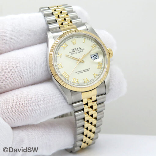 Rolex 16233 Datejust 18K/SS with Ivory Roman Dial on Jubilee