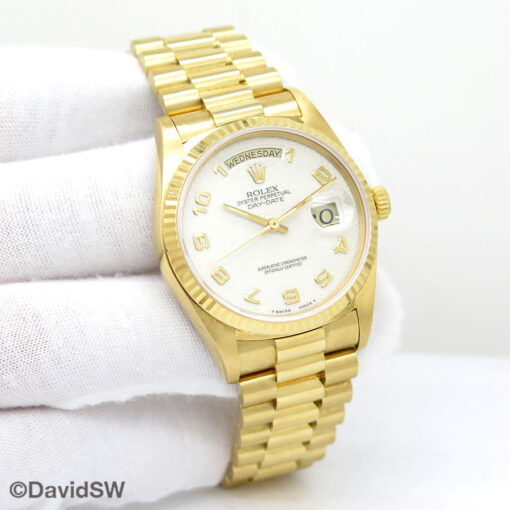 Rolex 18038 Day Date 18K Yellow Gold with Ivory Rolex Motif Arabic Dial