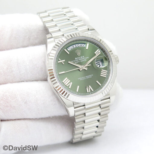 Rolex 228236 Day Date 40 Platinum with Olive Green Roman Dial (New Model)