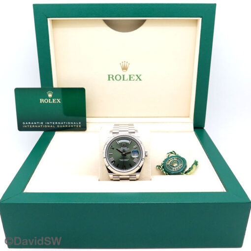 Rolex 228239 Day Date 18K White Gold with Olive Green Roman Dial - Image 2