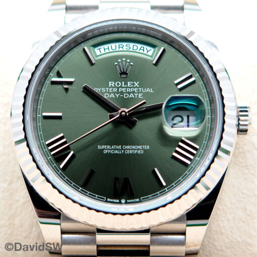Rolex 228239 Day Date 18K White Gold with Olive Green Roman Dial - Image 3