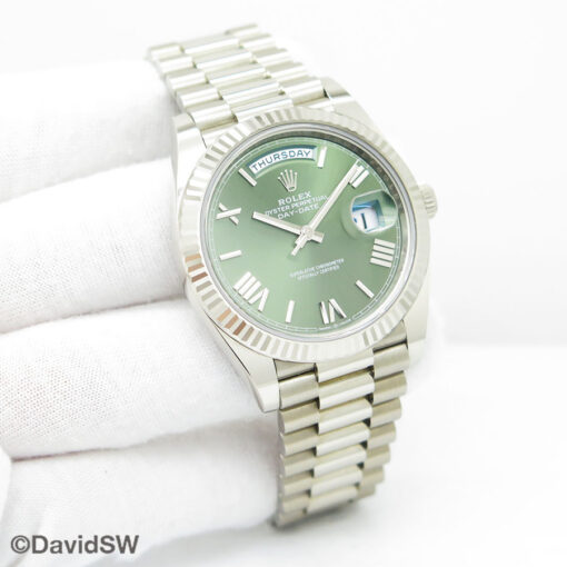 Rolex 228239 Day Date 18K White Gold with Olive Green Roman Dial