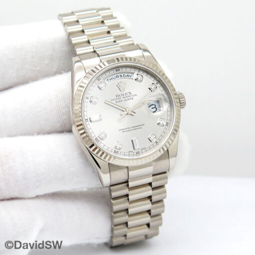 Rolex 118239 Day Date 18K White Gold with Silver Diamond Dial on President