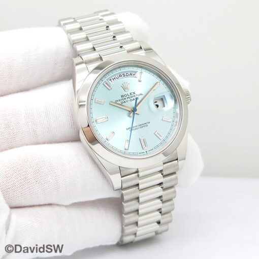 Rolex 228206 Day Date 40 Platinum with Ice Blue Baguette Diamond Dial