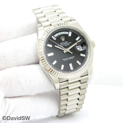 Rolex 228239 Day Date 40 18K White Gold with Black Diamond Baguette Dial