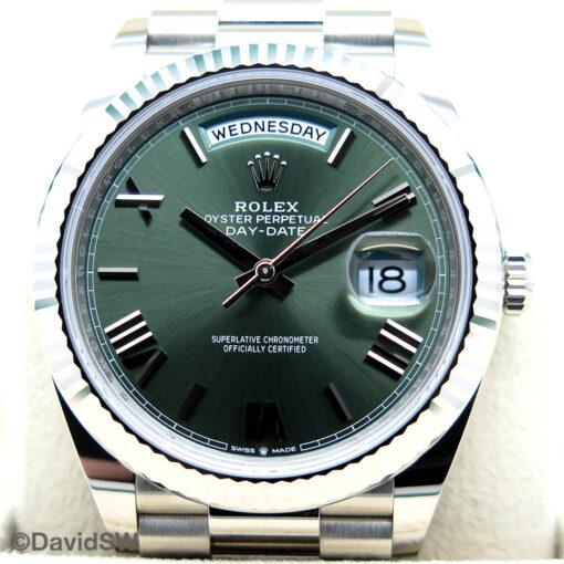 Rolex 228239 Day Date 18K White Gold with Olive Green Roman Dial - Image 3