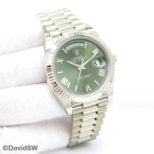Rolex 228239 Day Date 18K White Gold with Olive Green Roman Dial