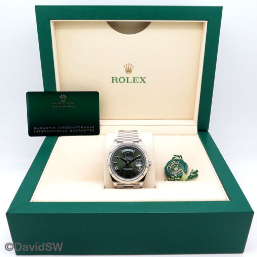 Rolex 228239 Day Date 18K White Gold with Olive Green Roman Dial - Image 2