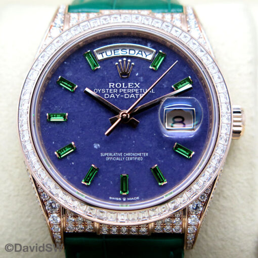 Rolex 128455TBR Day Date 18K Rose Gold with Diamonds and Purple Stone Emerald Dial on Leather - Image 3