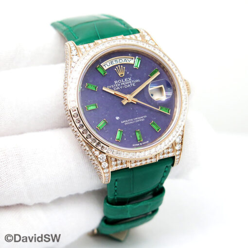 Rolex 128455TBR Day Date 18K Rose Gold with Diamonds and Purple Stone Emerald Dial on Leather