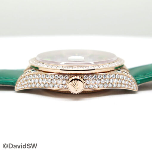 Rolex 128455TBR Day Date 18K Rose Gold with Diamonds and Purple Stone Emerald Dial on Leather - Image 4