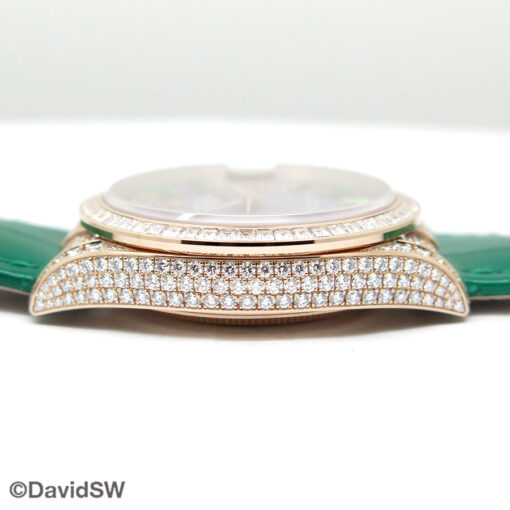 Rolex 128455TBR Day Date 18K Rose Gold with Diamonds and Purple Stone Emerald Dial on Leather - Image 5
