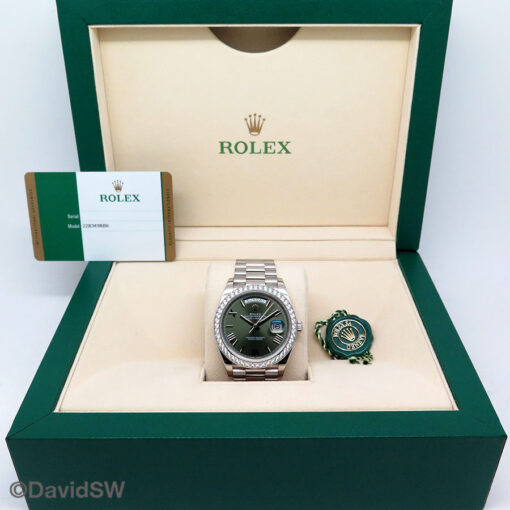 Rolex 228349RBR Day Date 40 18K White Gold with Olive Dial and Diamond Bezel - Image 2