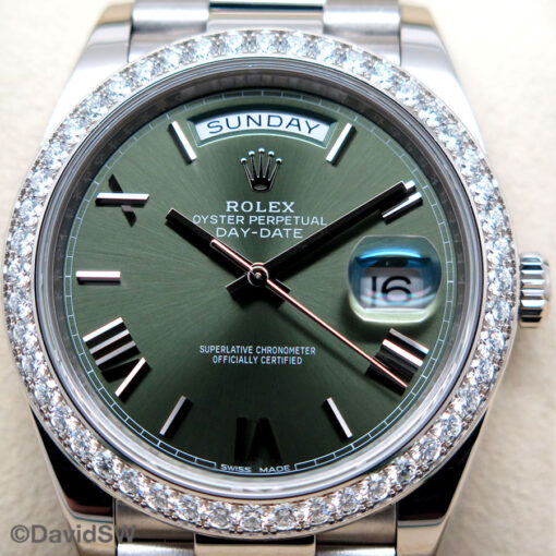 Rolex 228349RBR Day Date 40 18K White Gold with Olive Dial and Diamond Bezel - Image 3