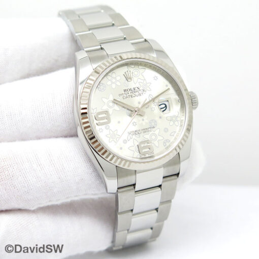 Rolex 116234 Datejust with Silver Floral Motif Arabic Dial on Oyster
