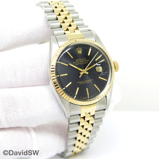 Rolex 16013 Datejust 18K/SS with Black Stripe Motif Dial on Jubilee