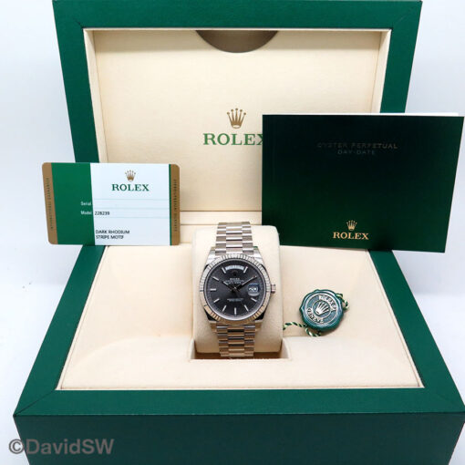 Rolex 228239 Day Date 40 18K White Gold with Dark Rhodium Stripe Motif Stick Dial (New Old Stock) - Image 2