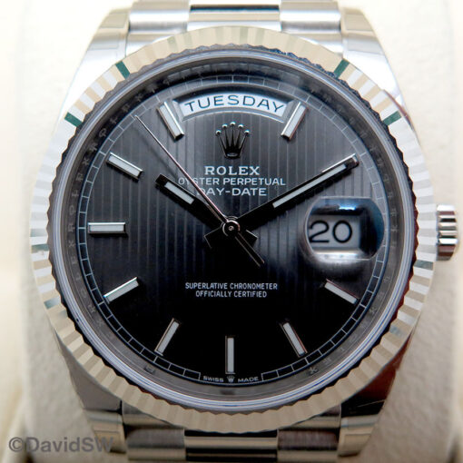 Rolex 228239 Day Date 40 18K White Gold with Dark Rhodium Stripe Motif Stick Dial (New Old Stock) - Image 3