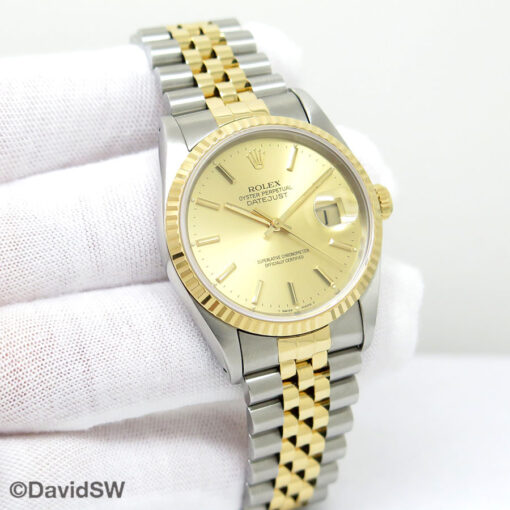 Rolex 16233 Datejust 18K/SS with Champagne Stick Dial on Jubilee