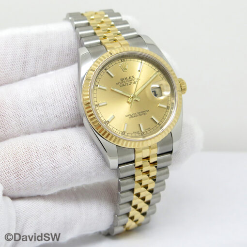 Rolex 116233 Datejust 18K/SS with Champagne Stick Dial on Jubilee