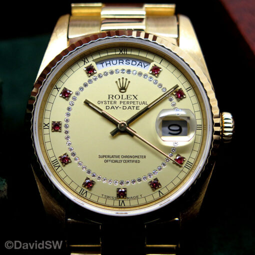 Rolex 18238 Day Date 18K Yellow Gold with Champagne Diamond String Ruby Dial - Image 3
