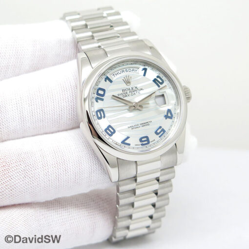 Rolex 118206 Day Date Platinum with Ice Blue Wave Arabic Dial