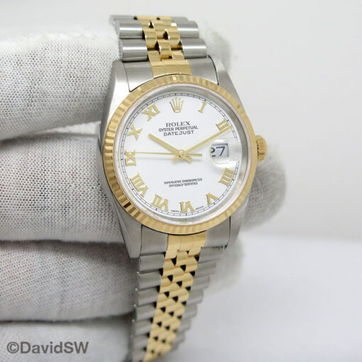 Rolex 16233 Datejust 18K/SS with White Roman Dial on Jubilee