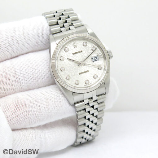Rolex 16234 Datejust with Silver Rolex Motif Diamond Dial on Jubilee