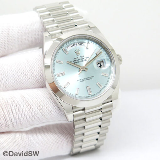 Rolex 228206 Day Date 40 Platinum with Ice Blue Baguette Diamond Dial