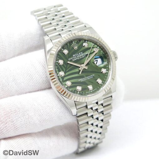 Rolex 126234 Datejust with Olive Green Palm Motif Diamond Dial on Jubilee