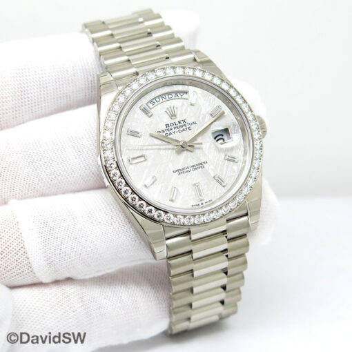 Rolex 228349RBR Day Date 40 18K White Gold with Meteorite Baguette Diamond Dial and Diamond Bezel