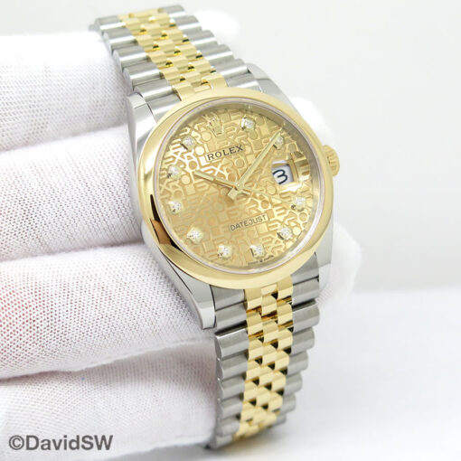 Rolex 126203 Datejust with Champagne Rolex Motif Diamond Dial on Jubilee