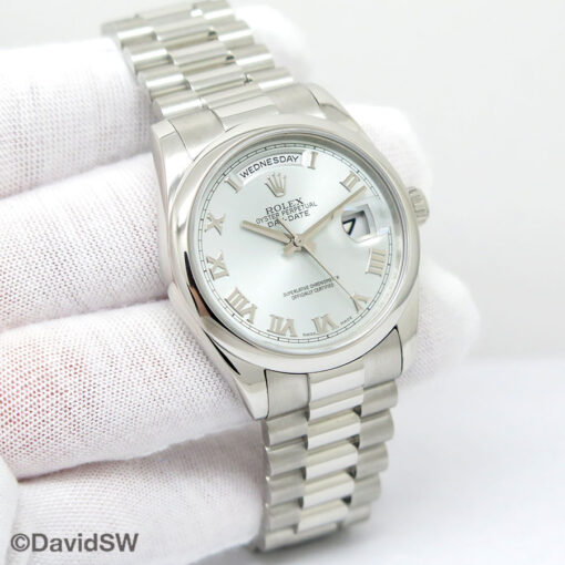 Rolex 118206 Day Date Platinum with Glacier Roman Dial