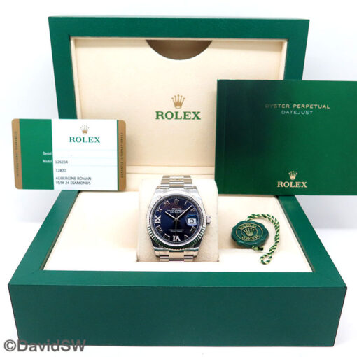 Rolex 126234 Datejust with Aubergine Roman Diamond “VI” and “IX” Dial on Oyster (New Old Stock) - Image 2
