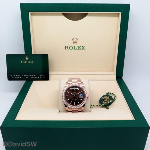 Rolex 228345RBR Day Date 40 18K Rose Gold with Chocolate Stick Dial and Diamond Bezel - Image 2