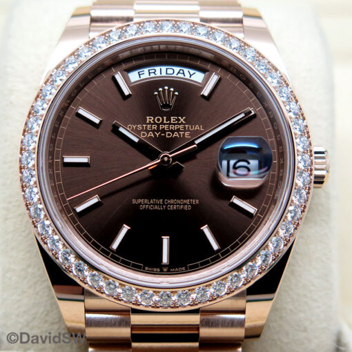 Rolex 228345RBR Day Date 40 18K Rose Gold with Chocolate Stick Dial and Diamond Bezel - Image 3