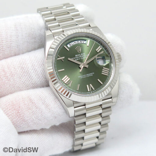 Rolex 228236 Day Date 40 Platinum with Olive Green Roman Dial