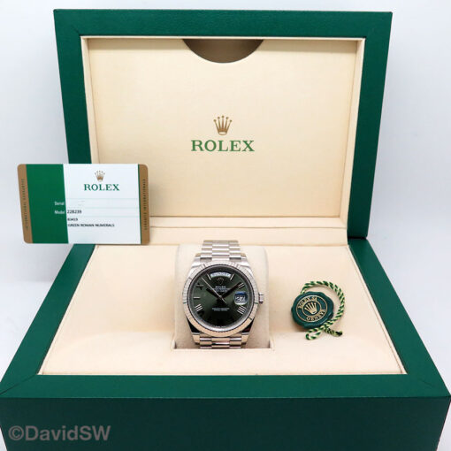 Rolex 228239 Day Date 18K White Gold with Olive Green Roman Dial - Image 2