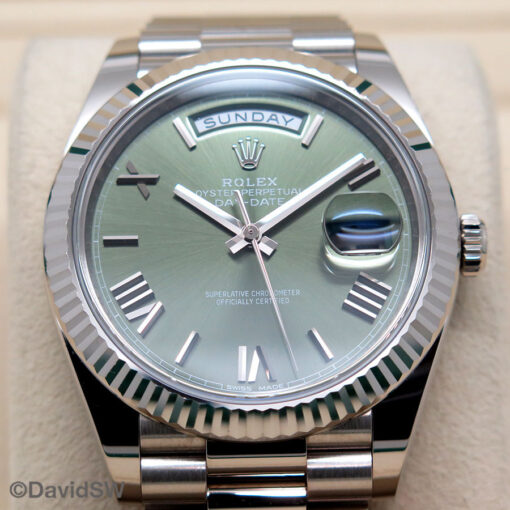 Rolex 228239 Day Date 18K White Gold with Olive Green Roman Dial - Image 3