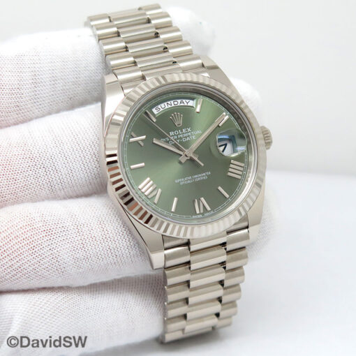 Rolex 228239 Day Date 18K White Gold with Olive Green Roman Dial