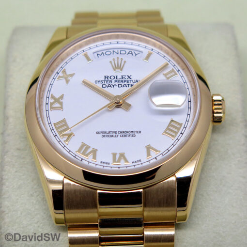 Rolex 118208 Day Date 36 18K Yellow Gold with White Roman Dial