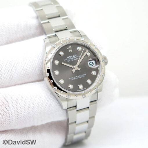 Rolex 278344RBR Datejust 31 with Dark Grey Diamond Dial and Domed Diamond Bezel on Oyster