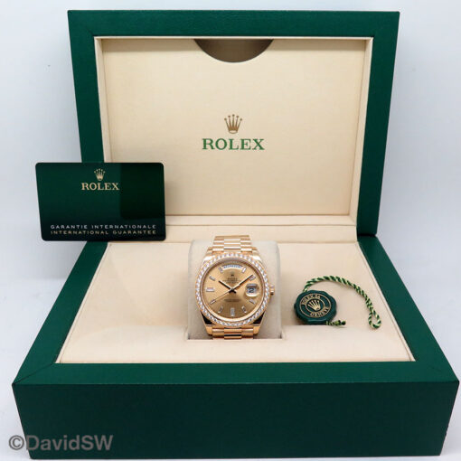 Rolex 228348RBR Day Date 40 18K Yellow Gold with Champagne Diamond Baguette Dial and Diamond Bezel - Image 2